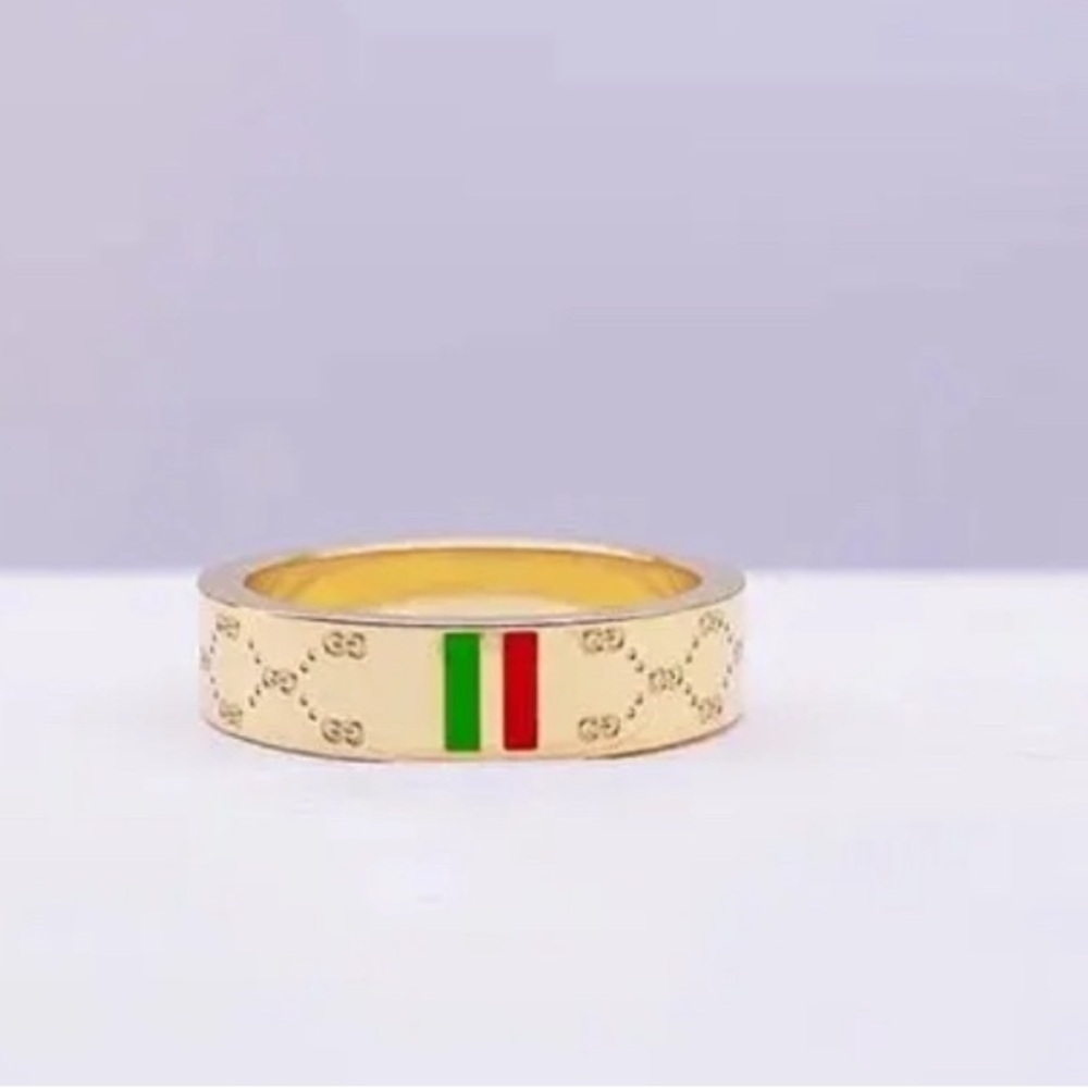 18K Gold Monogram Ring With Green & Red Stripe and Monogram All Around - Picture 3 of 5